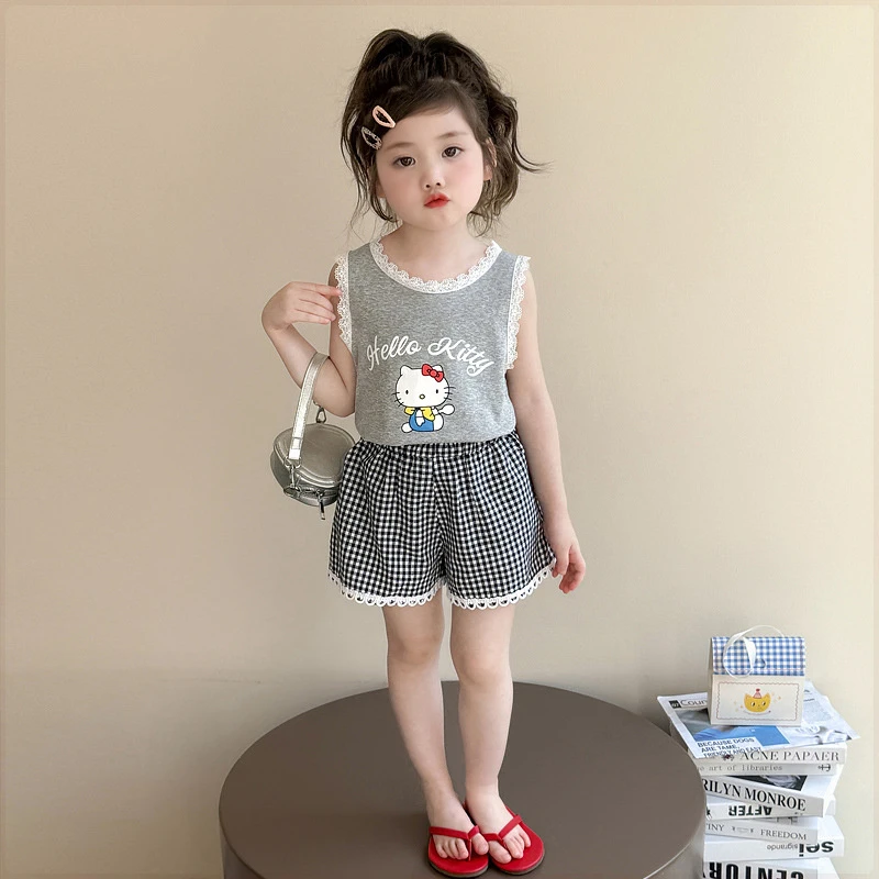 女童花边背心套装夏季新款洋气儿童灰色上衣女宝宝短裤两件套