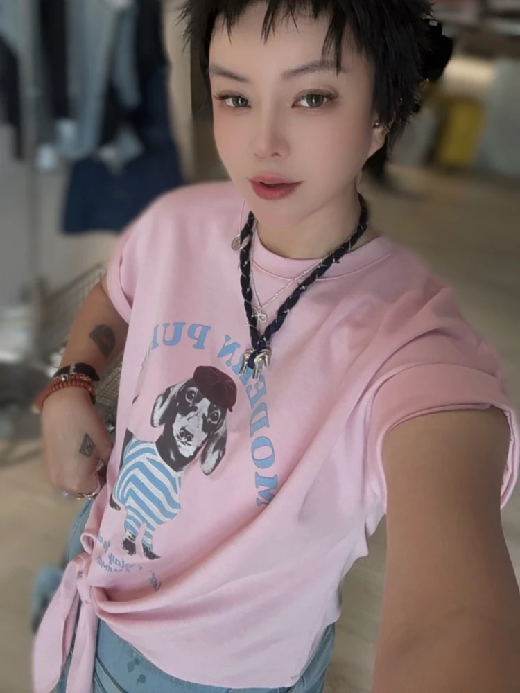 【济州岛】条纹腊肠狗印花绑带设计短袖