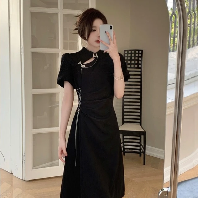 大码胖mm中式改良旗袍裙女2025夏季蝴蝶扣国风禅意气质显瘦连衣裙