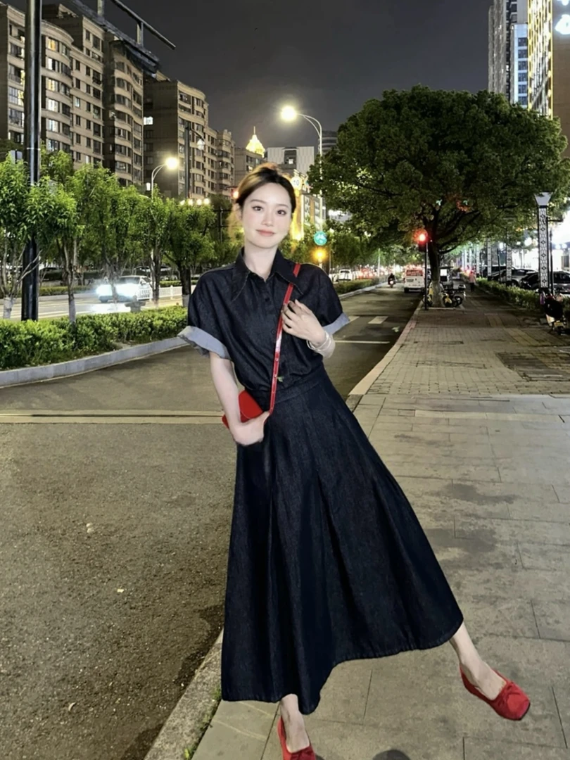 2025新款夏季百搭牛仔连衣裙POLO领收腰A字裙女气质显瘦