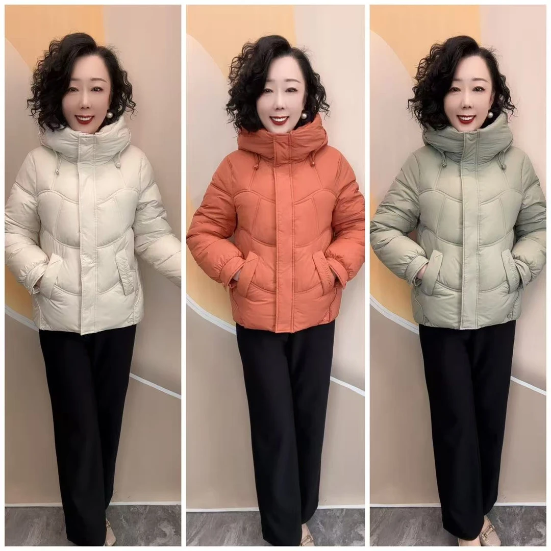 911冬优雅妈妈连帽时尚款宽松大码休闲大方加厚棉服，64衣长