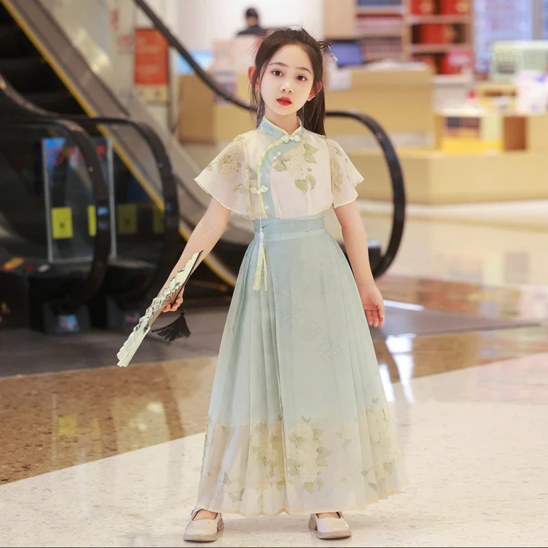 女大童夏季汉服马面裙套装2025新款新中式女孩国风古装薄款连衣裙