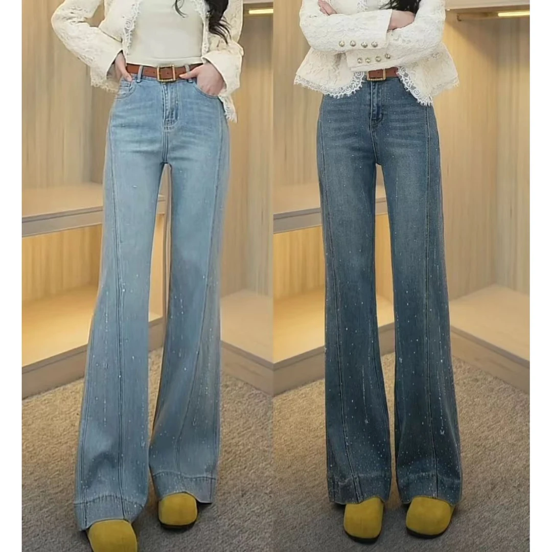 2025春夏新款天蓝弹力百搭高腰阔腿牛仔裤微辣裤烫钻显高显瘦裤子