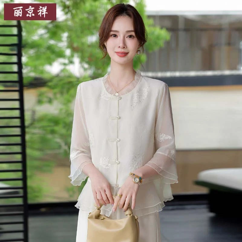 妈妈夏装贵夫人新中式气质衬衫中老年女装雪纺母亲节上衣短袖小衫