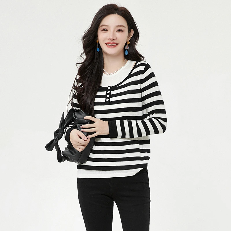 E400黑白条纹上衣套头长袖针织衫女44GMS0E0005