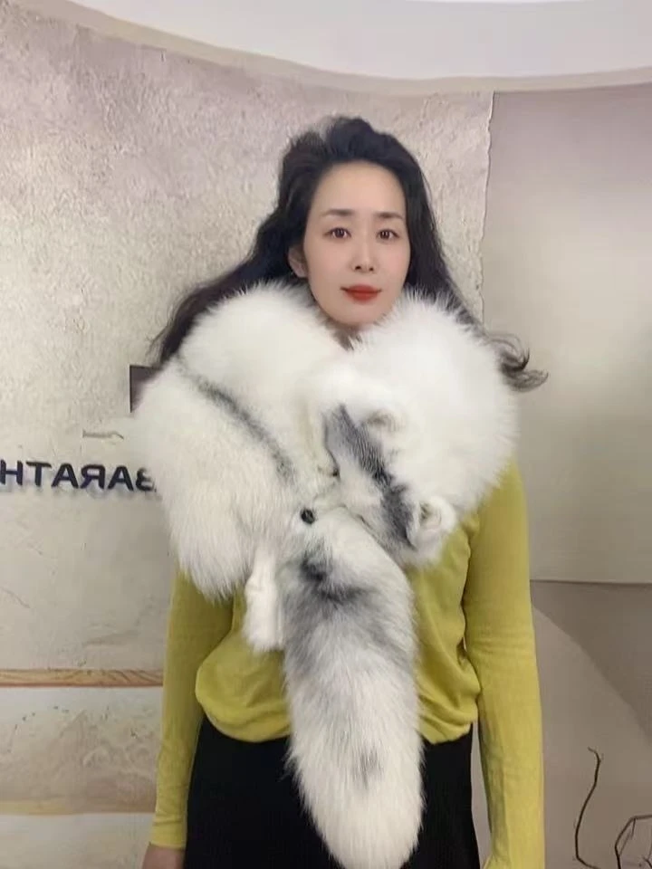 芬兰进口大理石霜狐狸围脖披肩摆件冬季加厚保暖整皮真皮真毛皮草