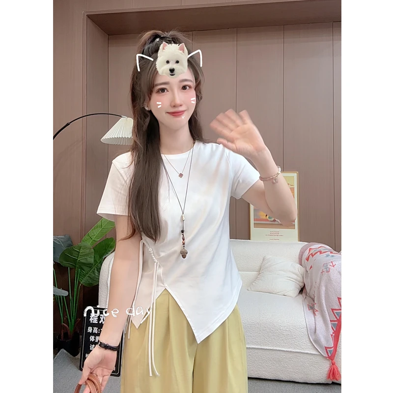 2025夏季新款中国风短袖t恤圆领设计感高腰显瘦上衣短款体恤女