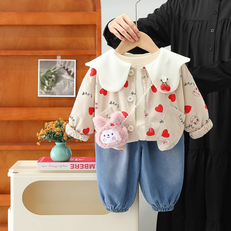 女童春装套装宝宝洋气外套三件套春秋季婴儿童装女孩衣服潮小香风