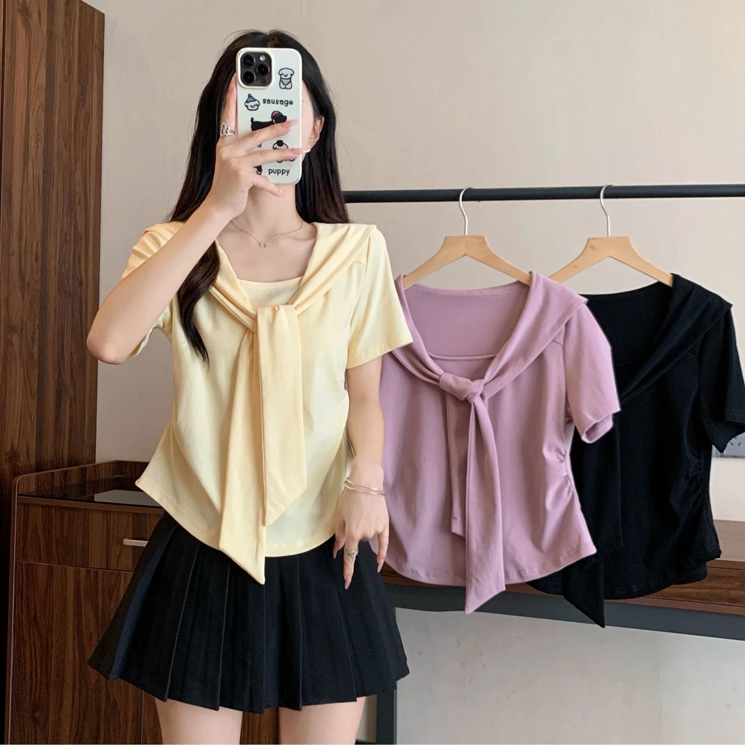 2025年大码女装设计感海军领纯欲风短袖T恤3261