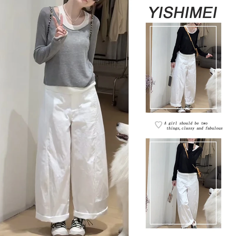 秋季穿搭一整套2025新款百搭撞色假两件长袖上衣高腰休闲裤两件套