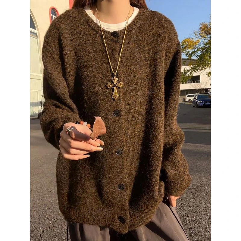 毛茸茸美式慵懒风chic纽扣开衫毛衣男女款潮牌复古纯色针织衫外套