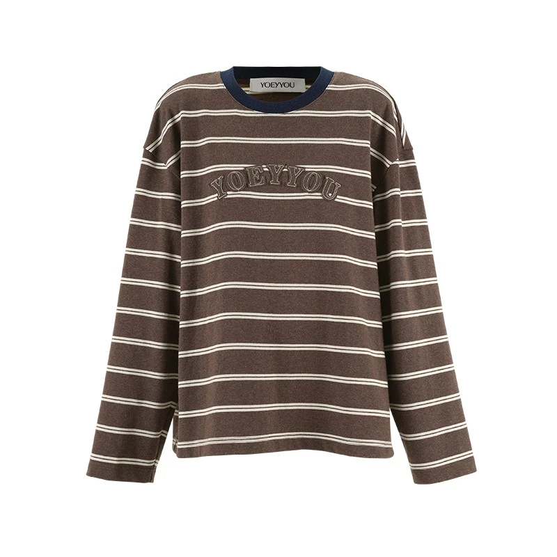 YOEYYOU 宽松直身T恤25春新品设计师撞色条纹复古休闲长袖上衣女