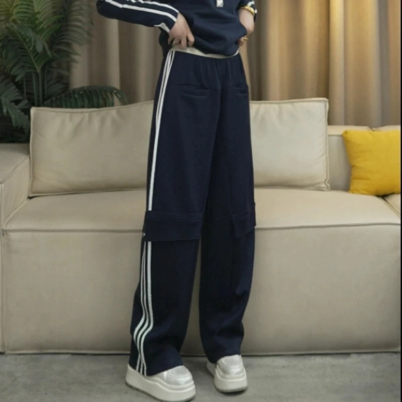 秋冬2025拼接宽松腰头条纹显瘦时尚休闲裤女童洋气炸街裤子阔腿裤