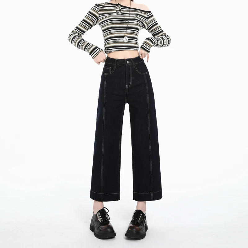 深蓝色九分烟管牛仔裤女2025年秋季新款设计感显瘦百搭高腰九分裤