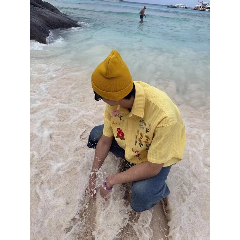 复古港风美式刺绣华夫格夏季薄款翻领时尚小清新沙滩半袖衬衫上衣