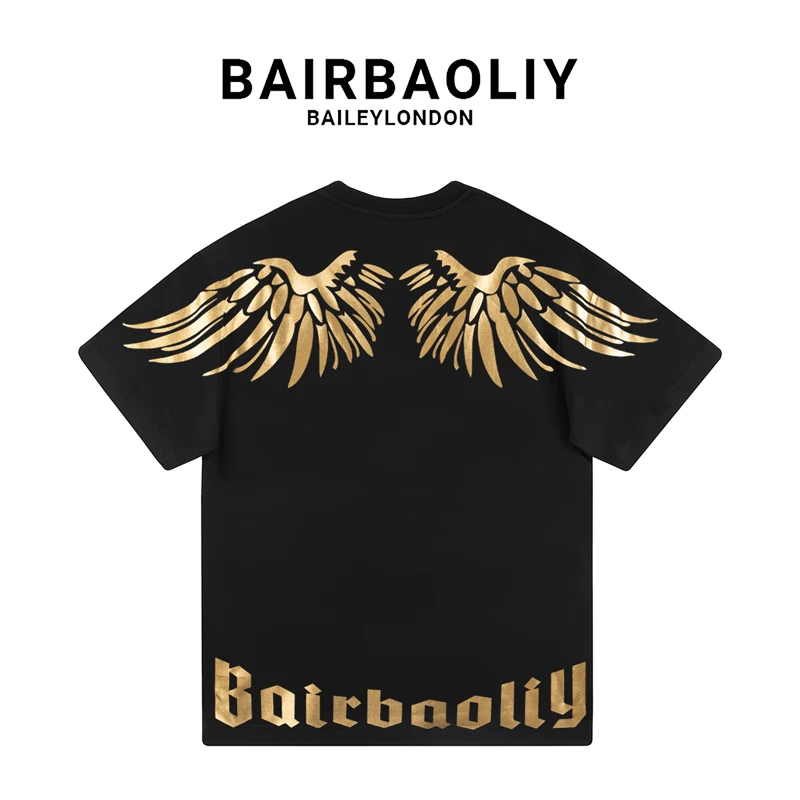 BAIRBAOLIY香槟金色潮牌闪耀翅膀时尚帅气短袖T恤潮酷街拍男女款