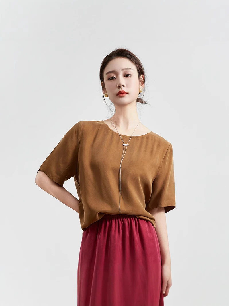 重磅铜氨丝女装短袖霜感真丝上衣T恤新款圆领宽松女装欧美风 简约