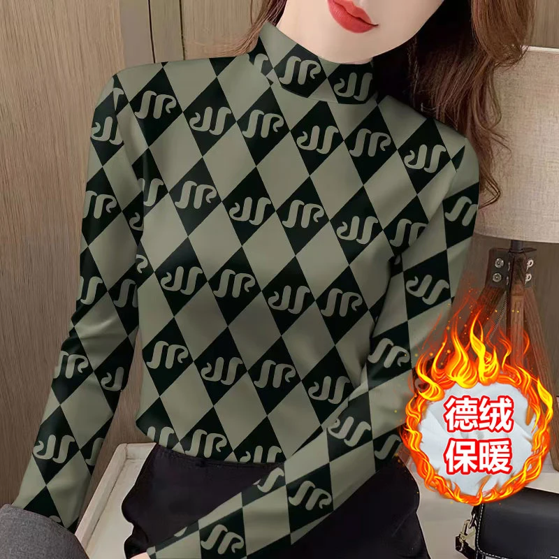 秋冬字母双面德绒打底衫女装半高领保暖长袖修身上衣印花显瘦遮肚
