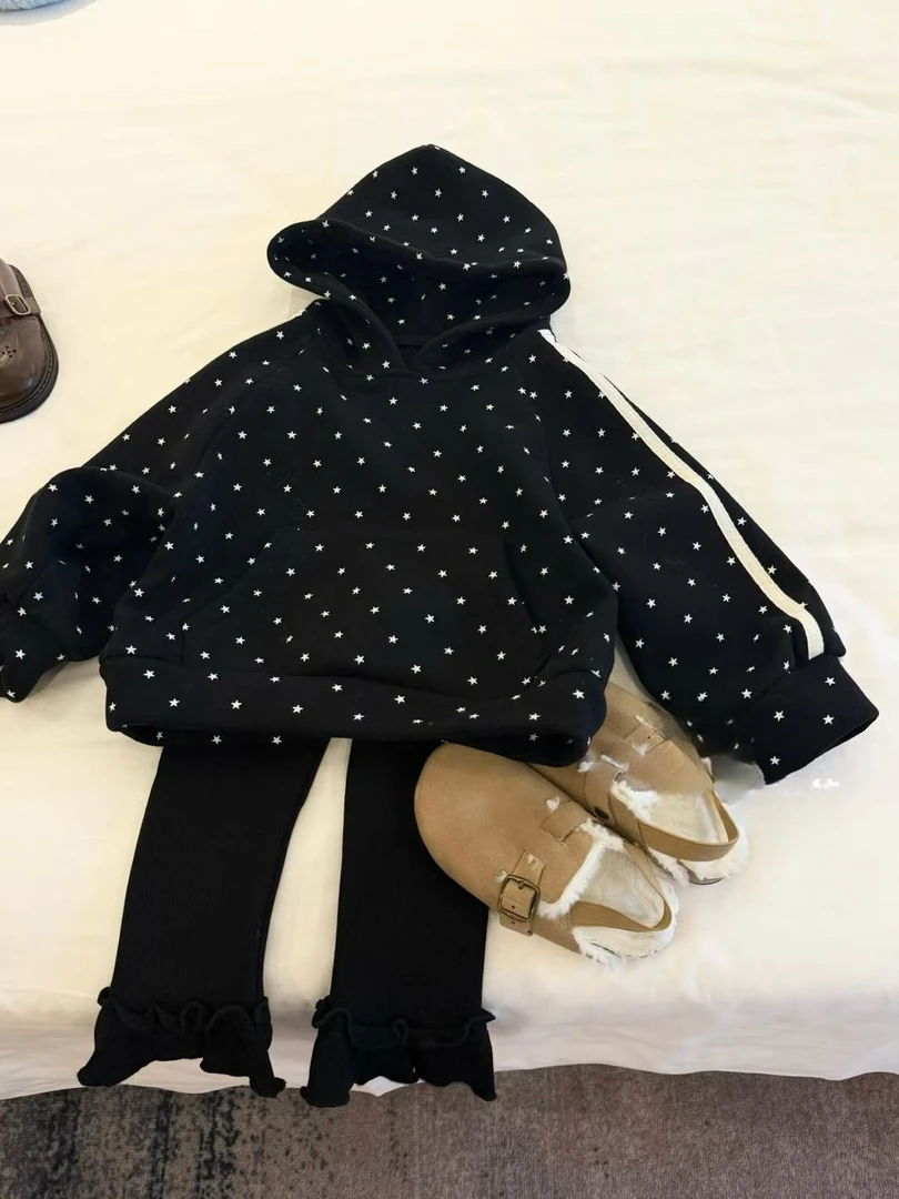 女童花边卫衣秋装2025新女孩叠穿卫衣套头带p帘裙上衣+花边九分裤