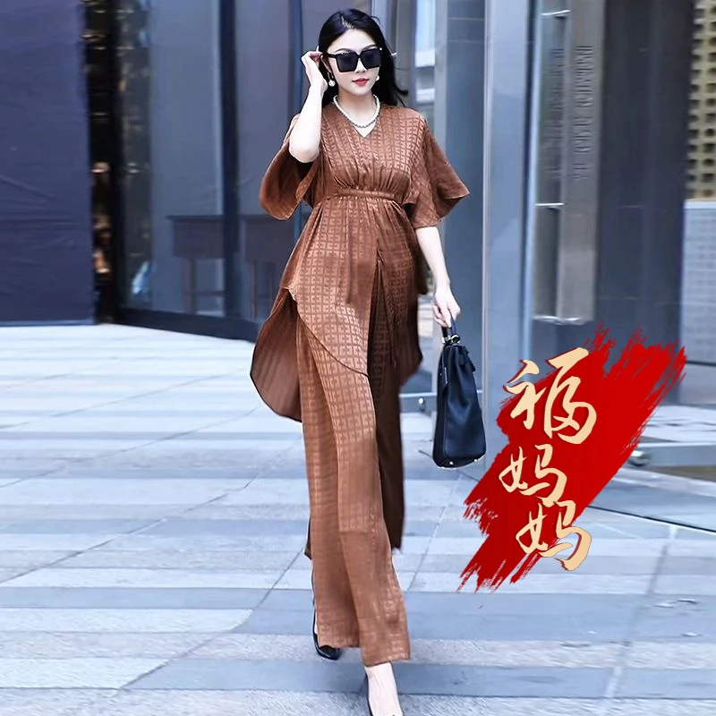 H夏季美衣大码真丝提花中长款上衣宽松阔腿裤减龄气质两件套装