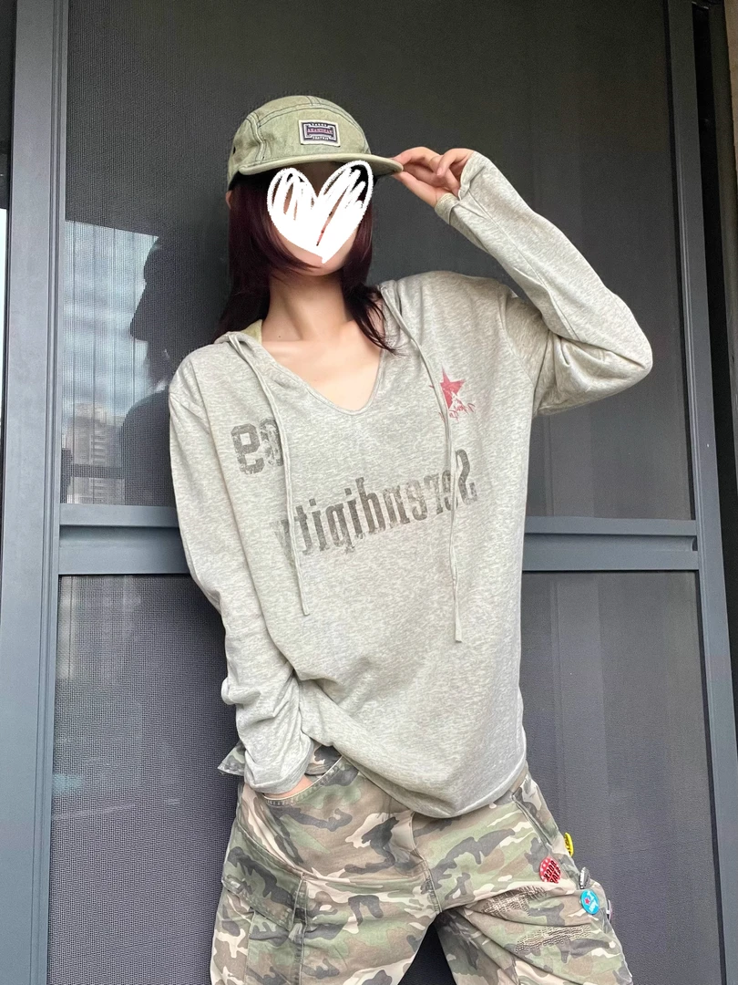 JeSou美式复古风斑驳印花连帽上衣夏季薄款宽松长袖防晒罩衫女潮T