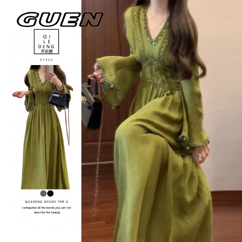 GUEN高级感绝美绿色连衣裙女2025秋季新款大码胖MM独特超好看长裙