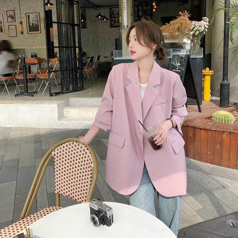 粉色西装外套女2025年春秋新款韩版宽松小个子休闲百搭早秋小西服