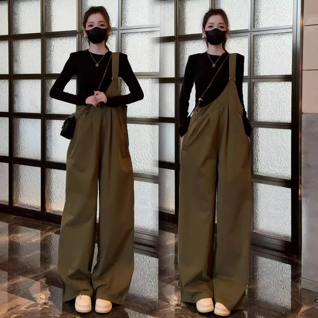 时尚背带裤套装女秋季新款宽松显瘦遮肉背带裤女款爆款2025新款