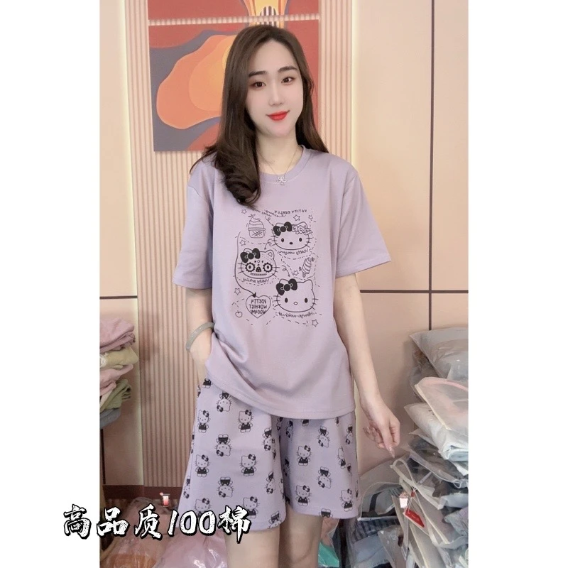 夏季女款纯棉睡衣可爱圆领短袖短裤休闲家居服套装（紫色KT猫）