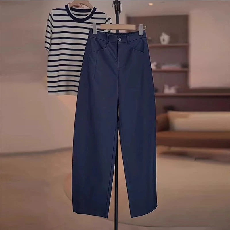 藏青色弯刀休闲裤女夏季新款大码胖mm小个子宽松显瘦通勤直筒裤子