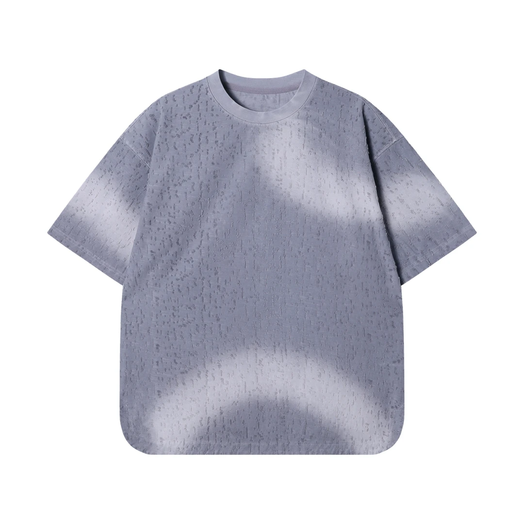 夏季高级感新款美式简约撞色磨破圆领短袖T恤百搭休闲宽松上衣