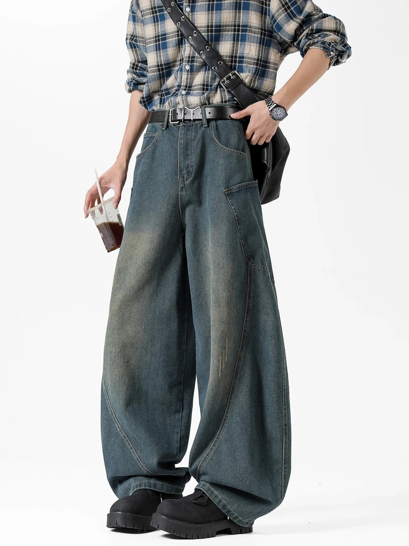 设计感做旧美式潮牌拼接弯刀牛仔裤男款复古街头宽松百搭阔腿长裤