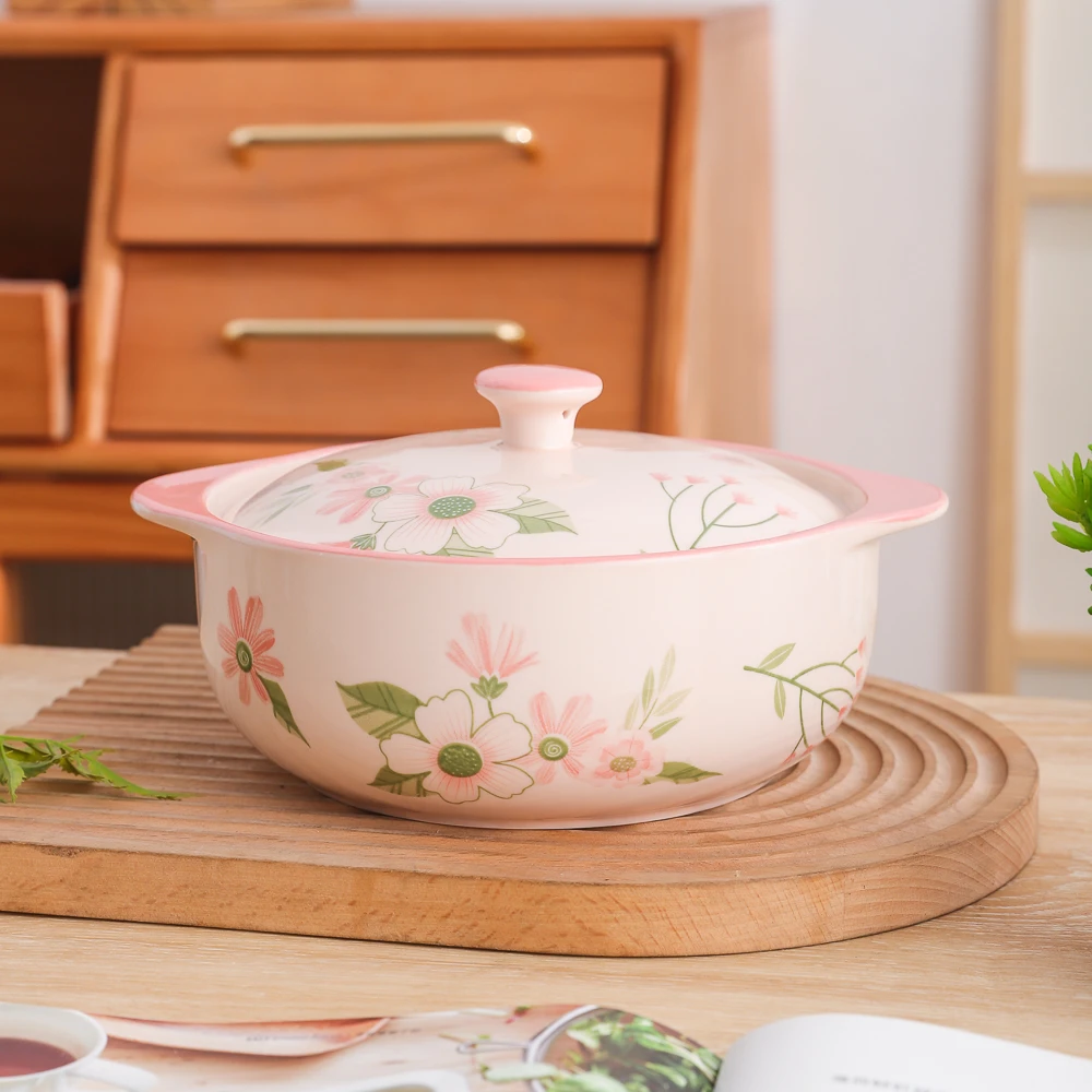 珊瑚海系列小清新可爱大气家用陶瓷餐具9英寸陶瓷盖汤碗双耳面碗