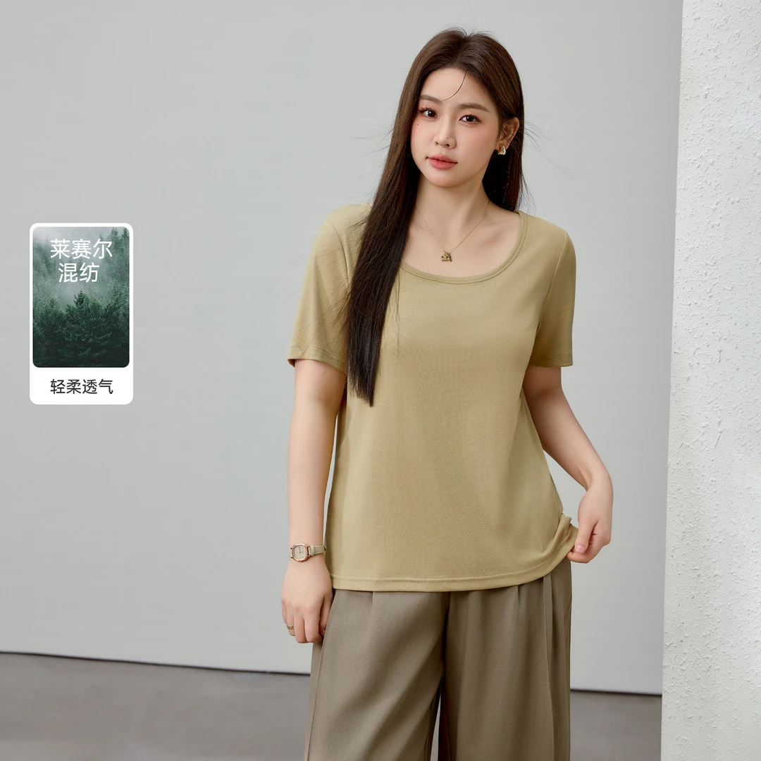 【宽松显瘦莱赛尔T恤】纤莉秀大码女装气质休闲风一秒入夏t恤QK0984
