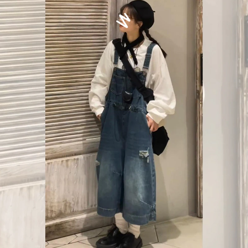 韩版宽松显破洞牛仔背带裤女夏季新款设计感小个子百搭阔腿八分裤