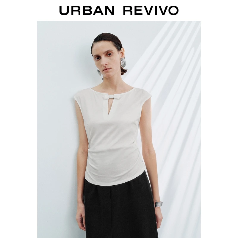 UR2025夏季新款女装X型修身显瘦蝴蝶结装饰褶皱无袖T恤UWG450158
