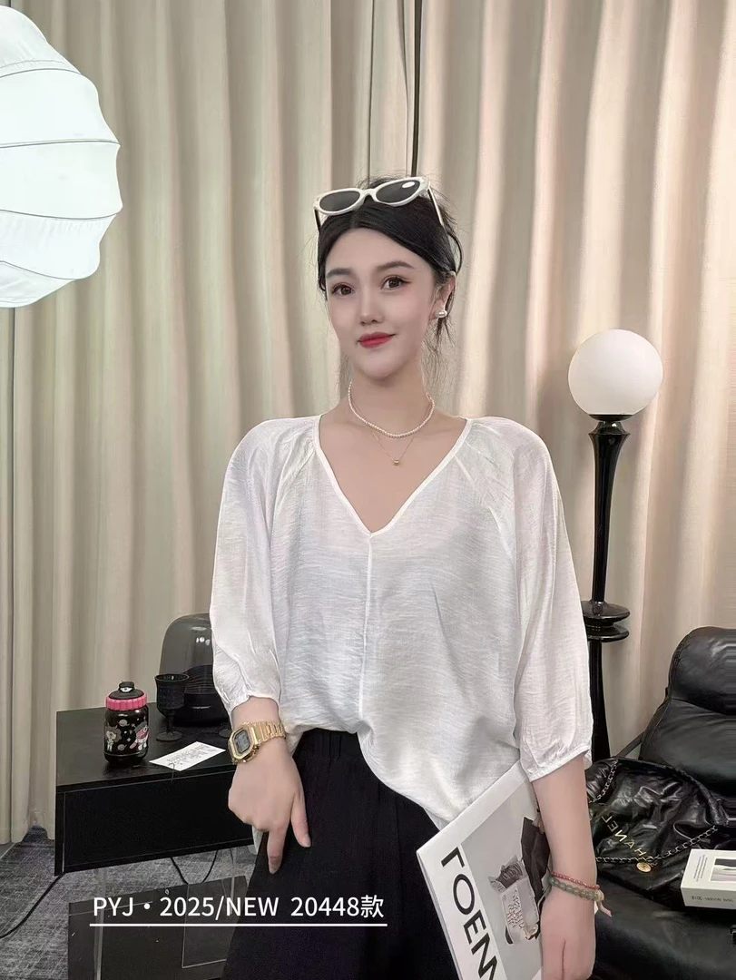 20448法式复古丝麻薄款白色v领衬衫女2025夏季新款设计感宽松上衣