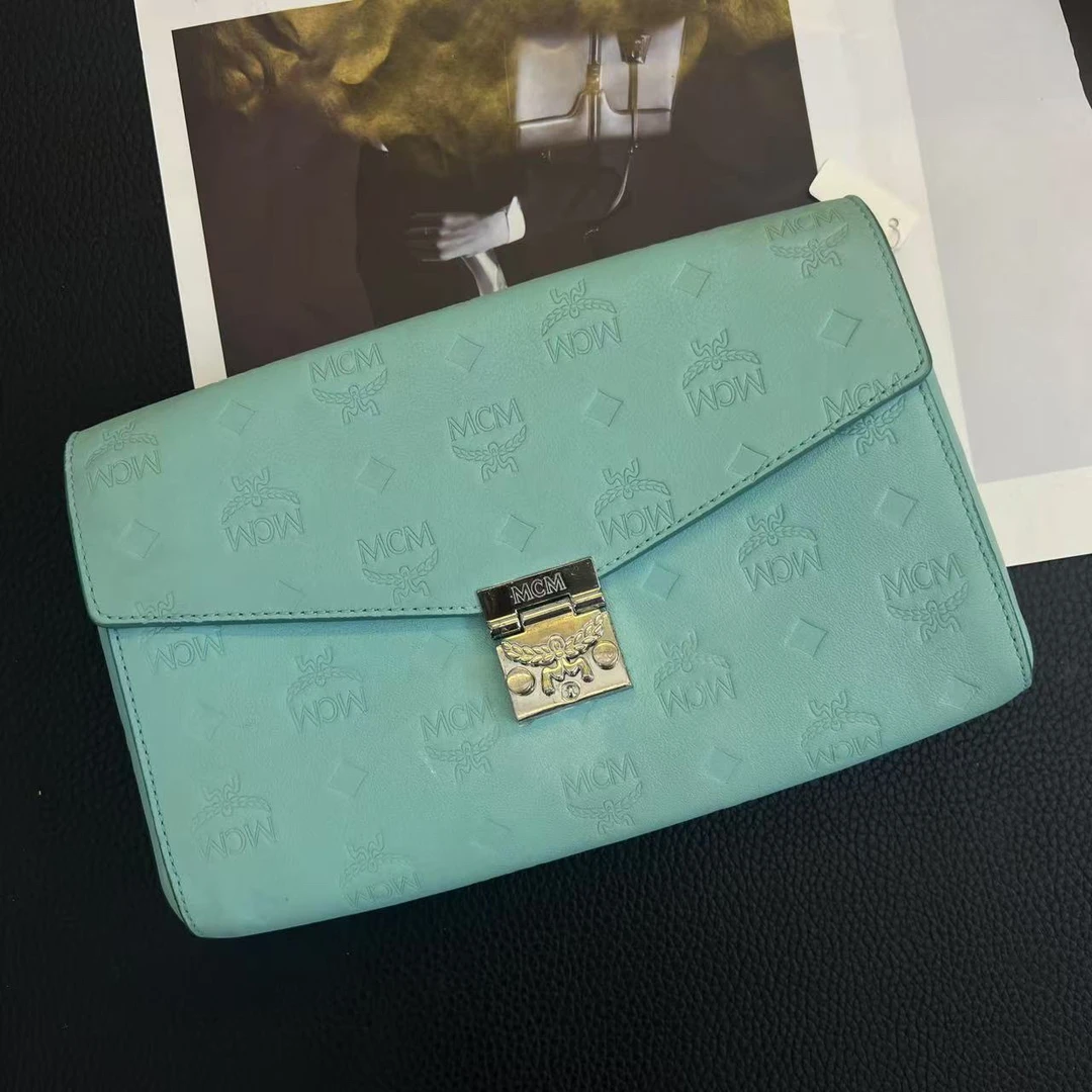 95新 MCM 大麦中古/mcm湖蓝色链条斜挎包/