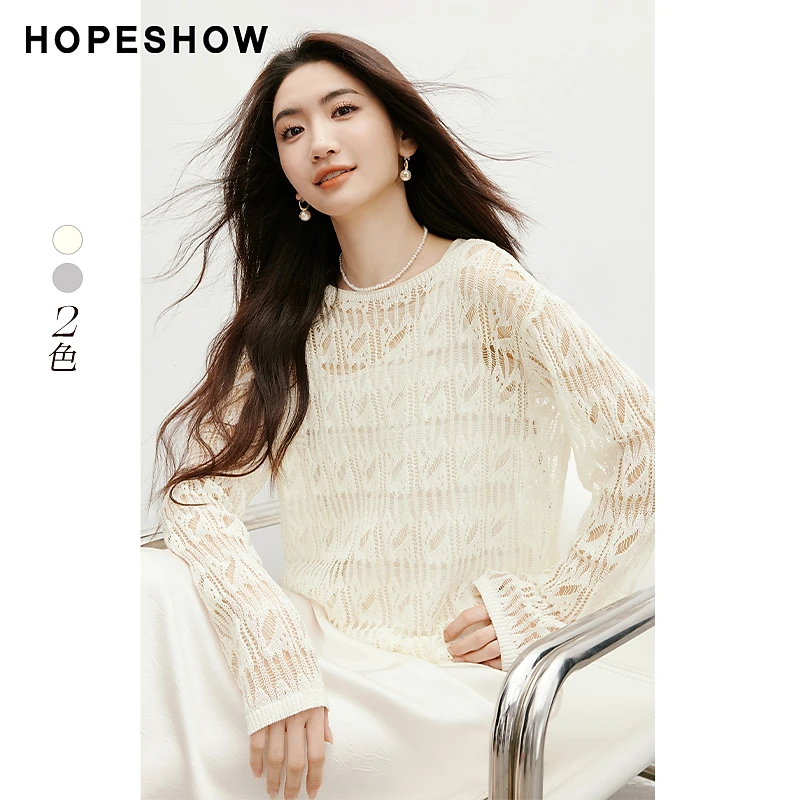 红袖2025春季新款女装 镂空钩花落肩一字领套头针织衫90125090107