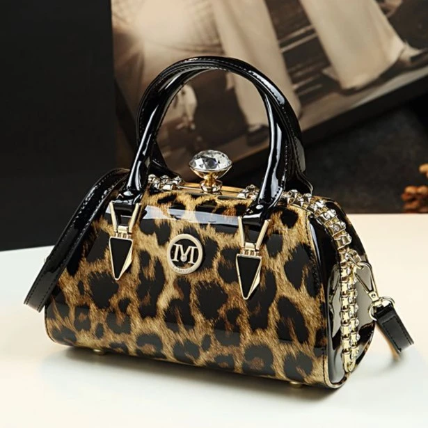 KIBEASS新款亮皮包包时尚豹纹斜挎包迷你手提包女单肩斜跨包3466