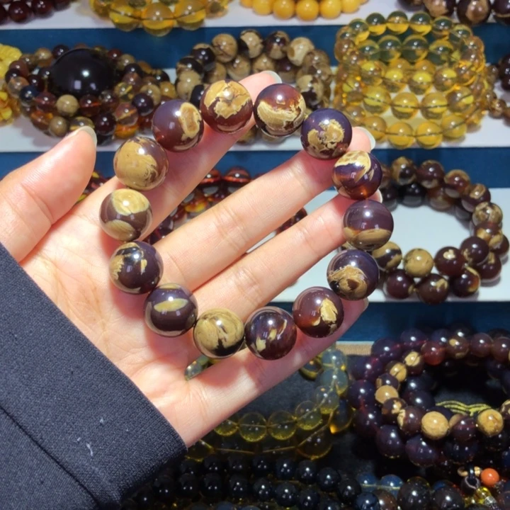 琥珀未镶嵌手链黑加仑帝王紫满妖花溶洞手串