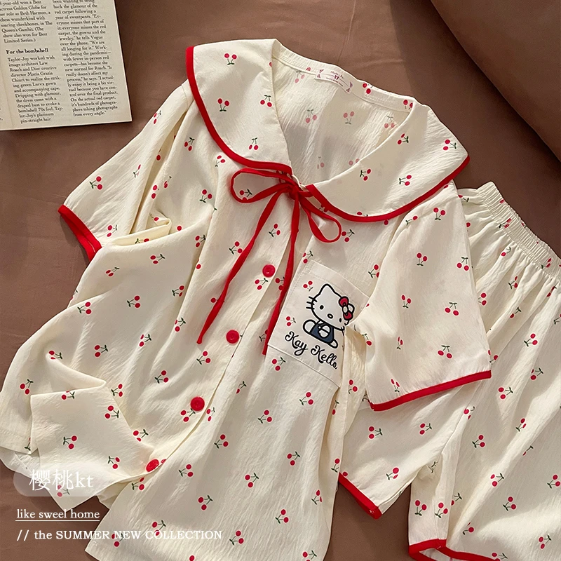 2025新款睡衣女夏季短袖短裤可爱甜美娃娃领少女网红风KT猫家居服