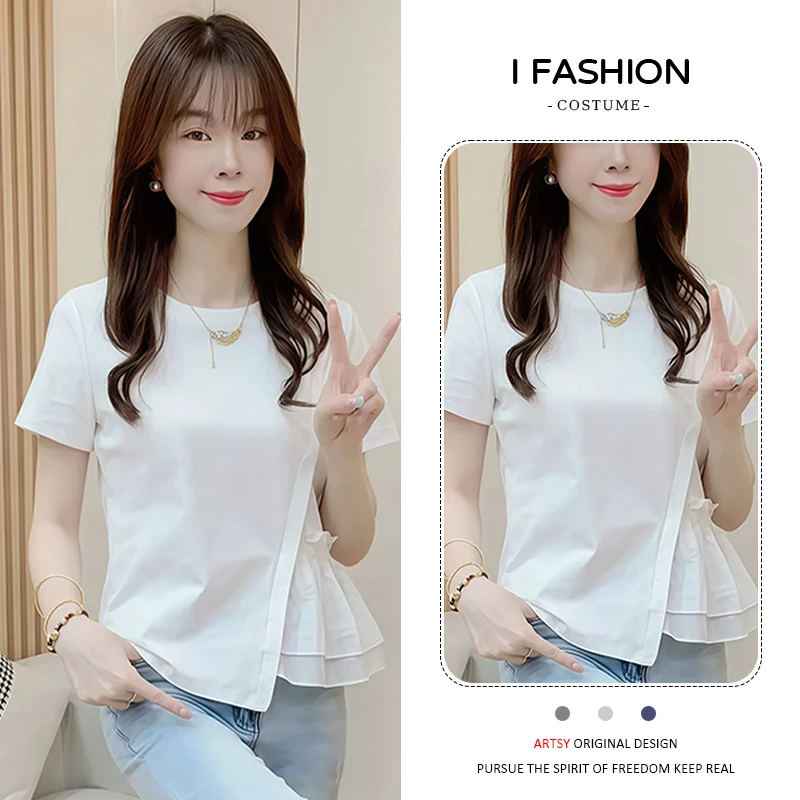 高含棉设计感蕾丝拼接短袖t恤女2025夏季新款显瘦减龄不规则上衣