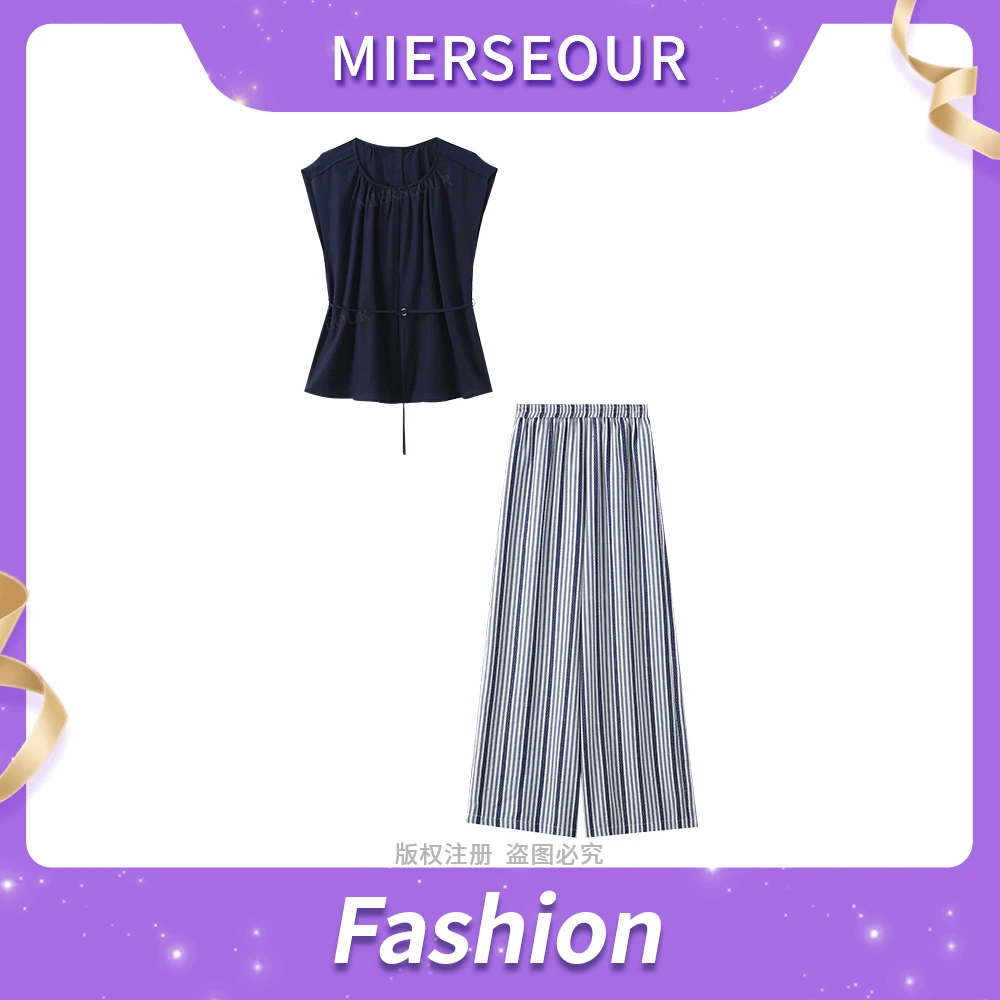 【巴黎夜蓝】简约设计感上衣条纹裤套装3111