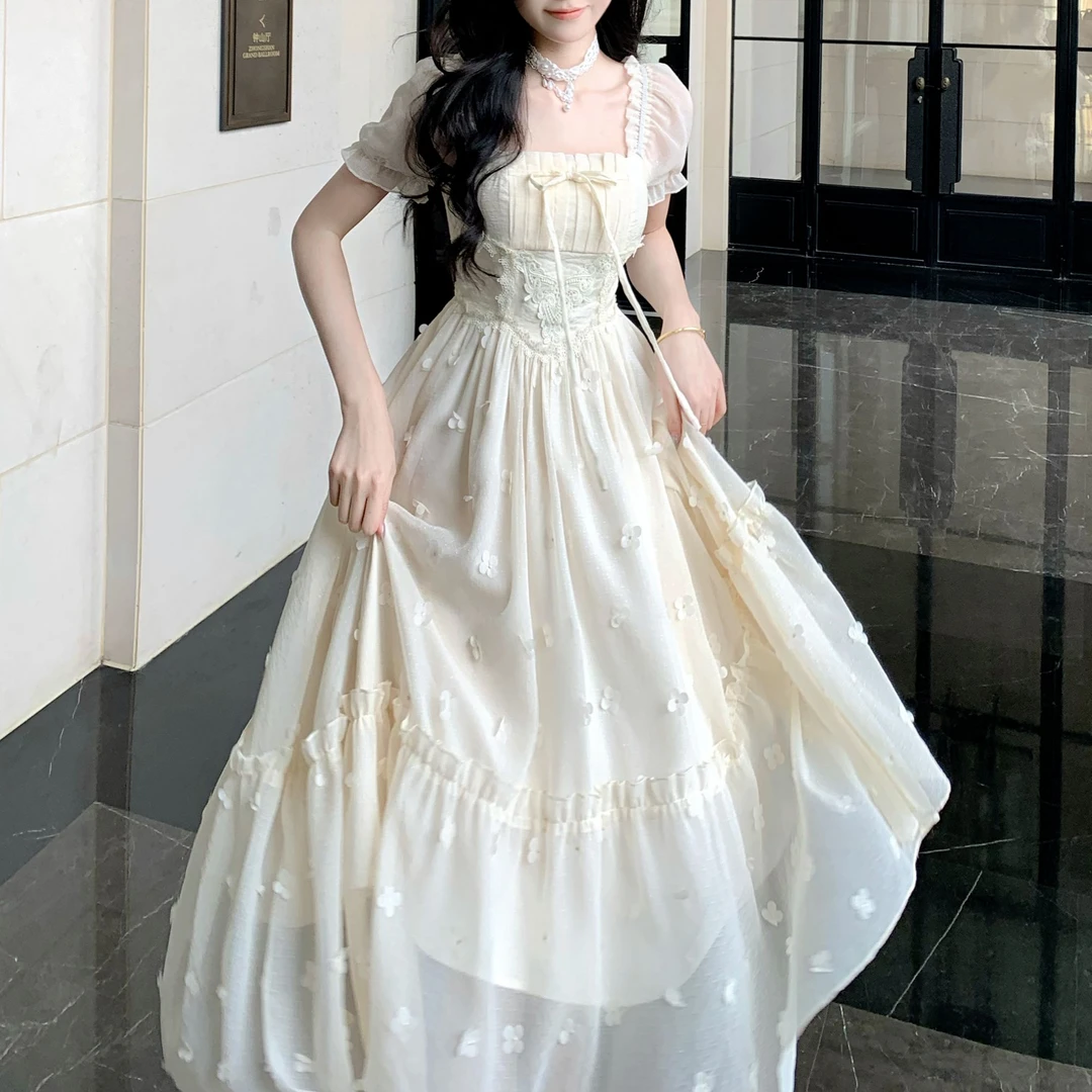 Blovelan漫芜山栀 法式高级感雪纺纯白绣花初恋气质连衣裙