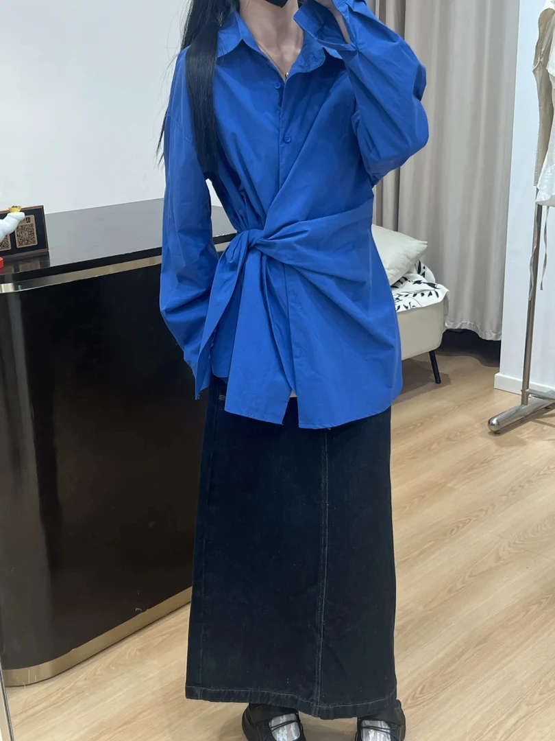 2025春季新款小衫超好看独特漂亮设计感小众减龄克莱因蓝系带衬衫