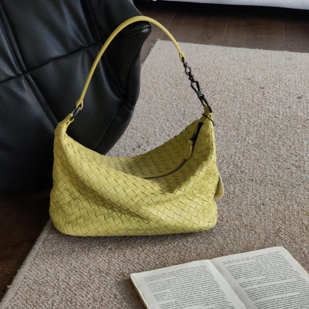 99新 BOTTEGA VENETA/葆蝶家 Azul柠檬黄羊皮编织饭盒手提包39639