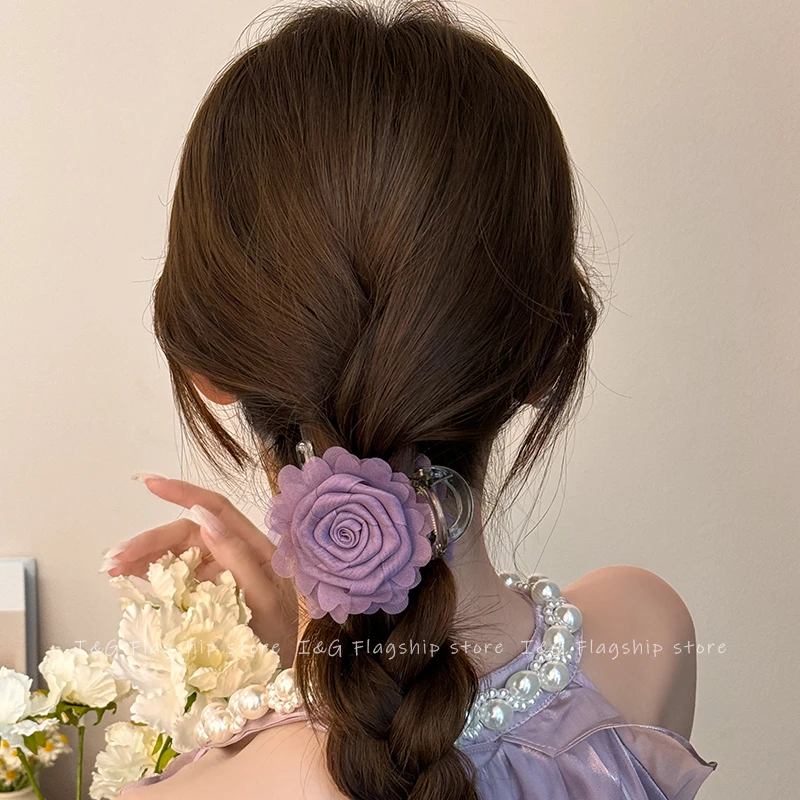 I&G紫色山茶花半扎发花朵抓夹2025新款高级感后脑勺发夹鲨鱼夹女