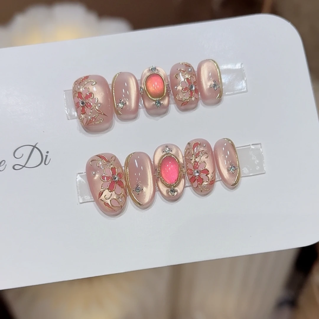 【霓裳】姐弟纯手工穿戴美甲精致手绘粉色花轻奢高级BC180