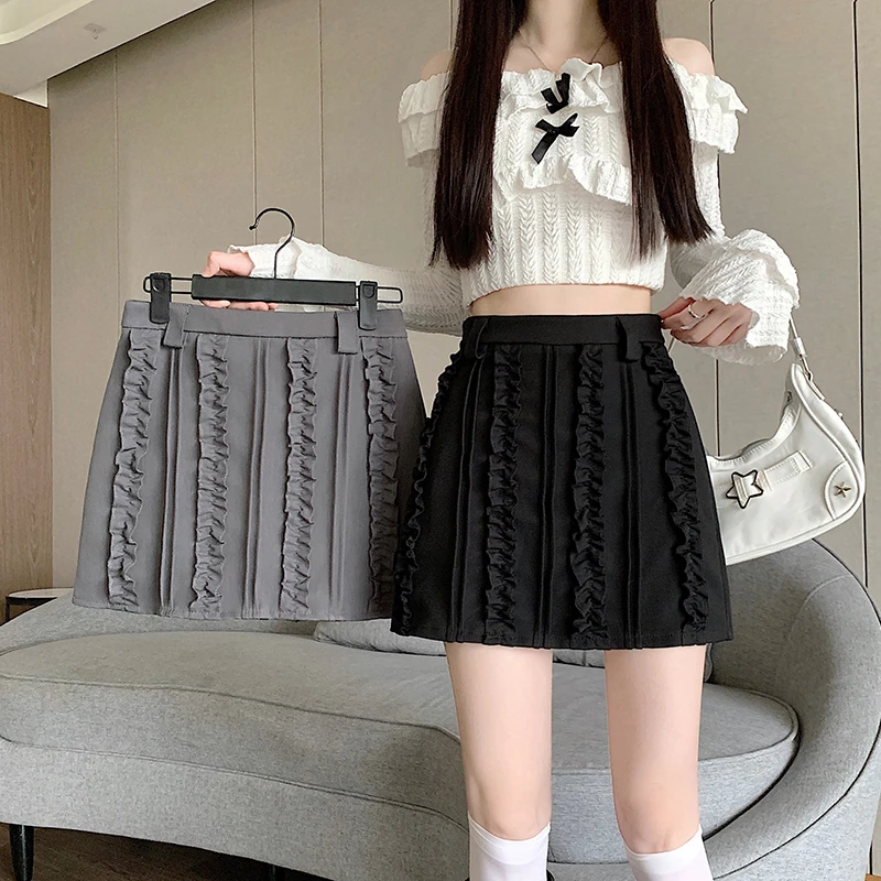 设计感西装半身裙女2025春夏小个子高腰重工格雷系木耳边a字短裙